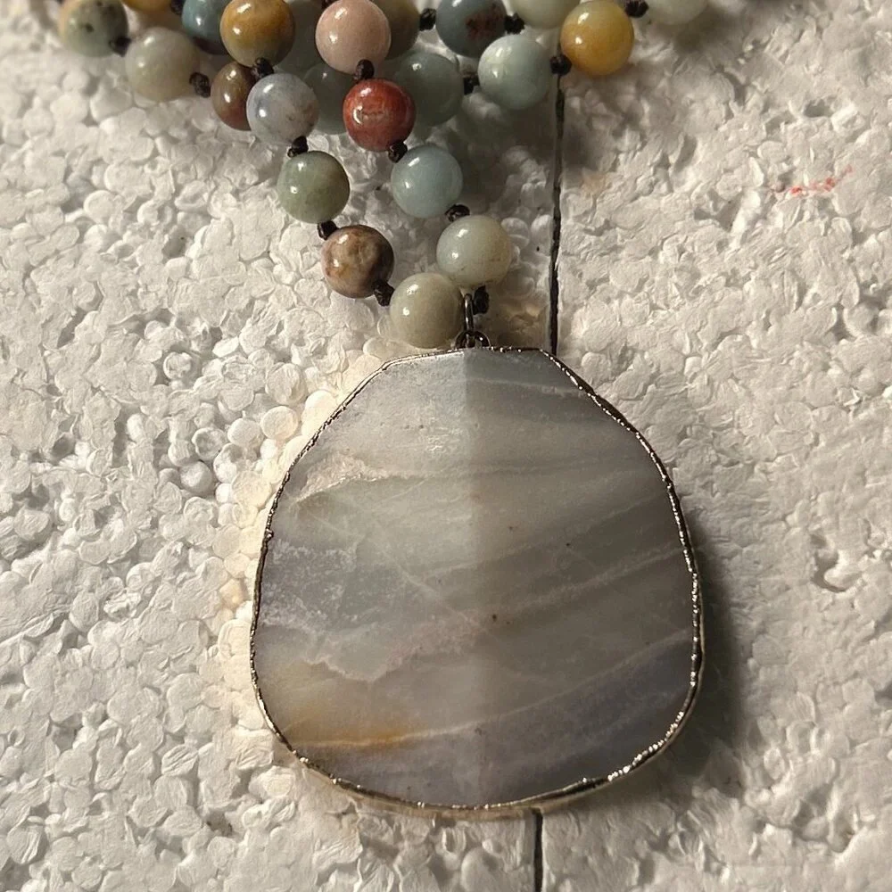 Stone Agate Multi Color Beaded Blue Gray Medallion Necklace Artsy Boho Festival